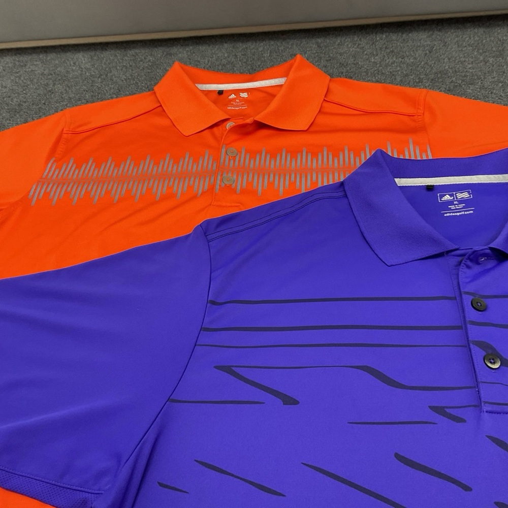 Lot of 2 Adidas Golf Men’s Polo Shirts Size XL 1- bright Orange 1- Purple